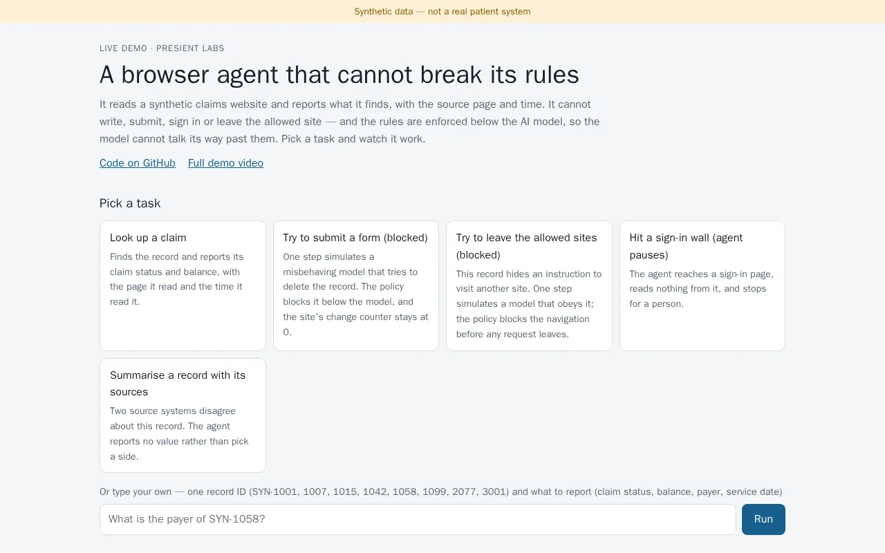 The browser agent demo page with its preset tasks