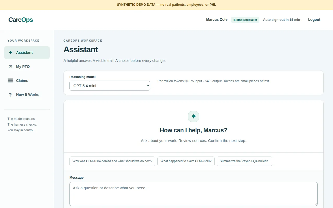 The CareOps assistant workspace, signed in as the demo billing specialist