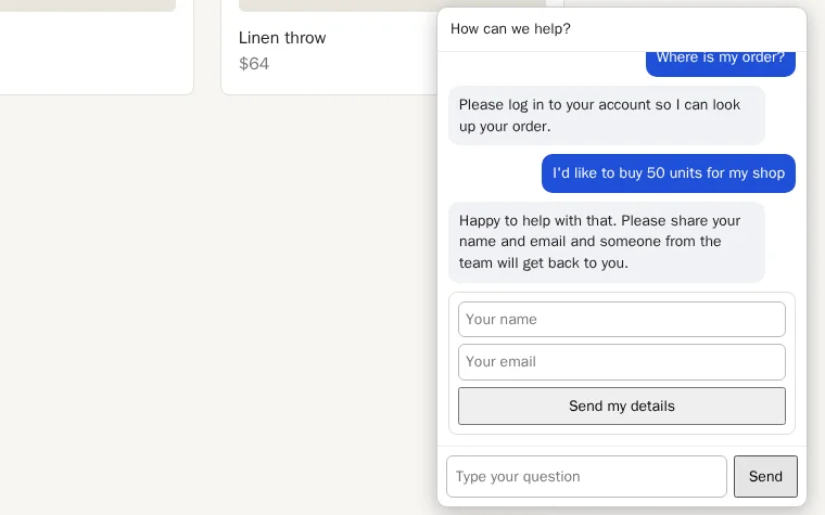 The chat widget on a sample store page: a booking link, a log-in prompt for an order question, and a lead form for a bulk purchase